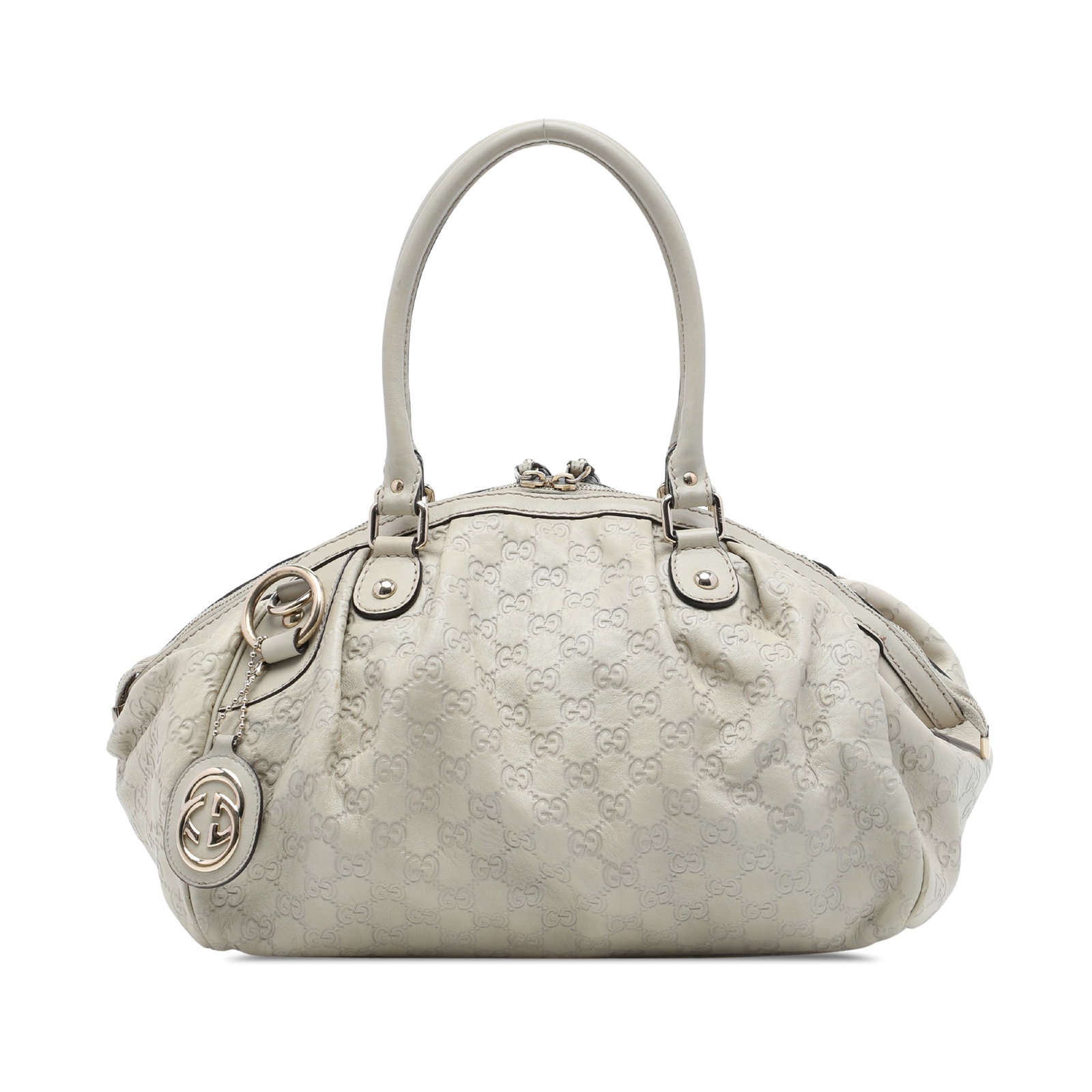 Gucci Guccissima Sukey Leather Satchel Bag White: Gucci Guccissima Sukey Leather Satchel Bag White The Guccissima Sukey satchel is crafted in white embossed leather with rolled leather handles, a top zip closure, and an interior fitted with zip and s