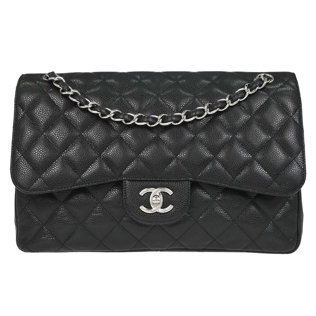 CHANEL Classic Double Flap Jumbo Shoulder Bag Black Leather: CHANEL Classic Double Flap Jumbo Shoulder Bag Black Leather Chanel Jumbo Classic Double Flap shoulder bag in black caviar skin leather with a turn-lock closure and shoulder strap. This large women's b