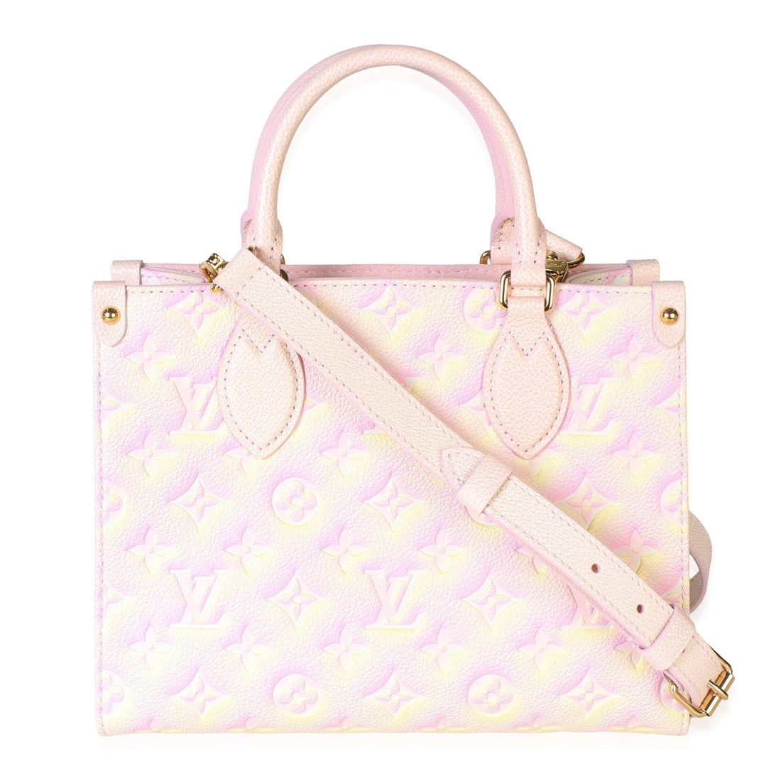 Louis Vuitton Onthego PM Pink Empreinte Leather Tote: Louis Vuitton Onthego PM Pink Empreinte Leather Tote A pre-owned Louis Vuitton Onthego PM tote in pink Monogram Empreinte leather from the Summer Stardust line. This compact unisex handbag features a 
