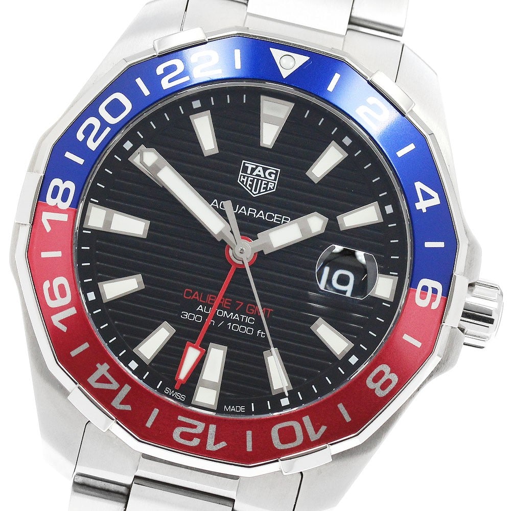 TAG Heuer Aquaracer Caliber 7 GMT Automatic Mens Wristwatch WAY201F.BA0927: TAG Heuer Aquaracer Caliber 7 GMT Automatic Mens Wristwatch WAY201F.BA0927 TAG Heuer Aquaracer Caliber 7 GMT automatic men's wristwatch with a black dial and stainless steel case and bracelet. This wa