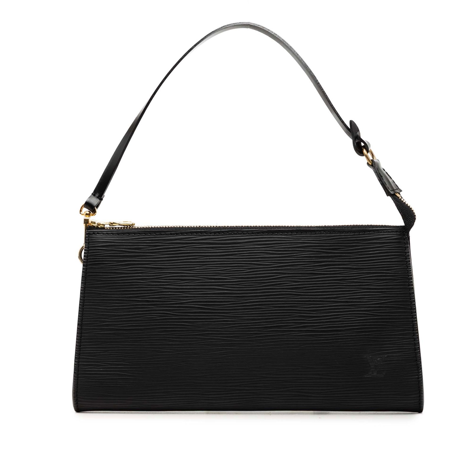 Louis Vuitton Epi Pochette Accessoires Black Leather Shoulder Bag: Louis Vuitton Epi Pochette Accessoires Black Leather Shoulder Bag Louis Vuitton Epi Pochette Accessoires in black leather with a detachable flat shoulder strap and top zip closure. Made in France, thi
