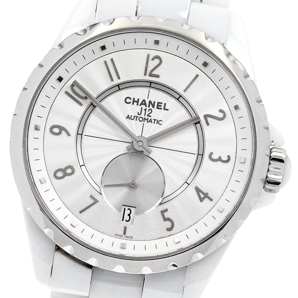 CHANEL J12 H3837 Automatic White Ceramic Wristwatch Unisex: CHANEL J12 H3837 Automatic White Ceramic Wristwatch Unisex CHANEL J12 automatic wristwatch with a white dial and ceramic and stainless steel construction. This unisex watch features a date display and