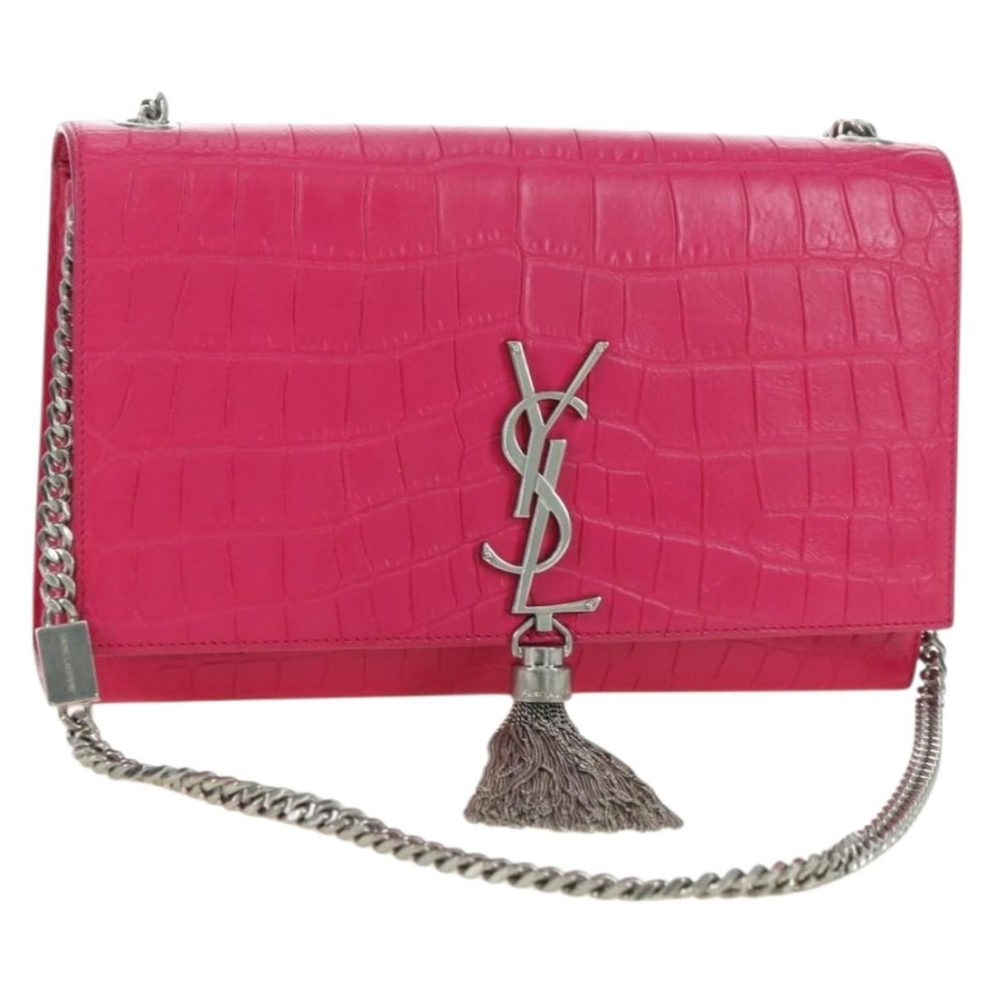Saint Laurent leather shoulder bag in pink with silver chain: Saint Laurent leather shoulder bag in pink with silver chain Authentic Saint Laurent chain shoulder bag in pink leather with silver-tone accents. Made in Italy, this women's shoulder bag features a co