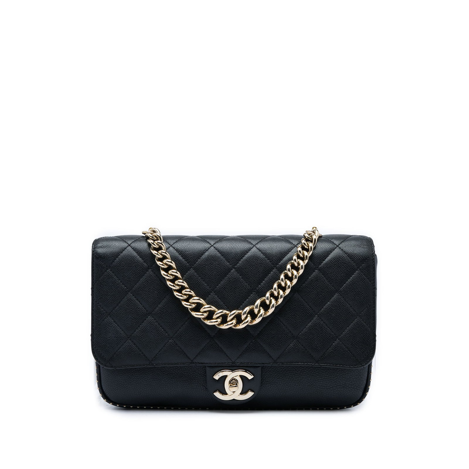 Chanel Large CC Studded Single Flap Quilted Caviar Bag: Chanel Large CC Studded Single Flap Quilted Caviar Bag A Chanel Large CC Quilted Caviar Studded Single Flap bag crafted in black quilted caviar leather. This bag features a chain link handle, a chain 