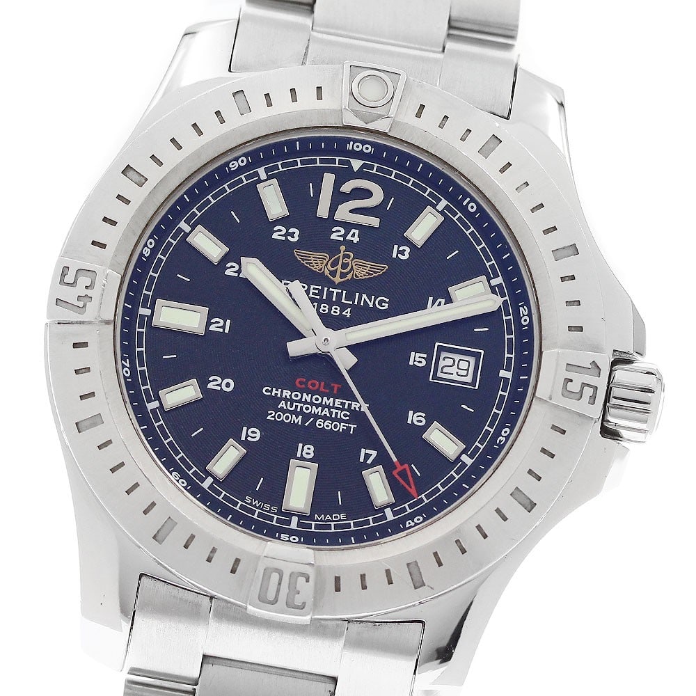 Breitling Colt Automatic A17388 mens stainless steel date wristwatch: Breitling Colt Automatic A17388 mens stainless steel date wristwatch Breitling Colt Automatic men's wristwatch with automatic movement, black dial, and date display. This stainless steel watch is pres