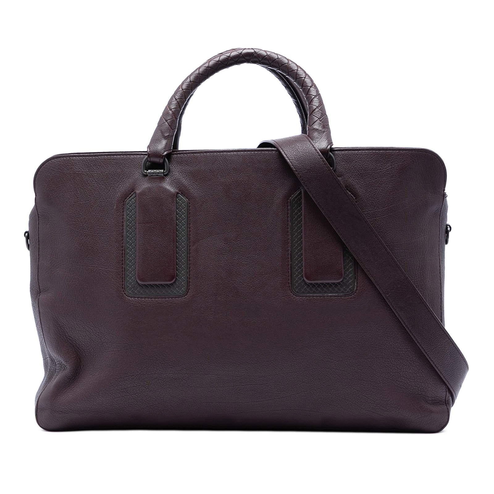 Bottega Veneta Leather Business Bag Red Woven Handle Shoulder Strap: Bottega Veneta Leather Business Bag Red Woven Handle Shoulder Strap Red leather business bag with woven leather rolled handles, a detachable flat shoulder strap, top zip closure, and interior slip poc