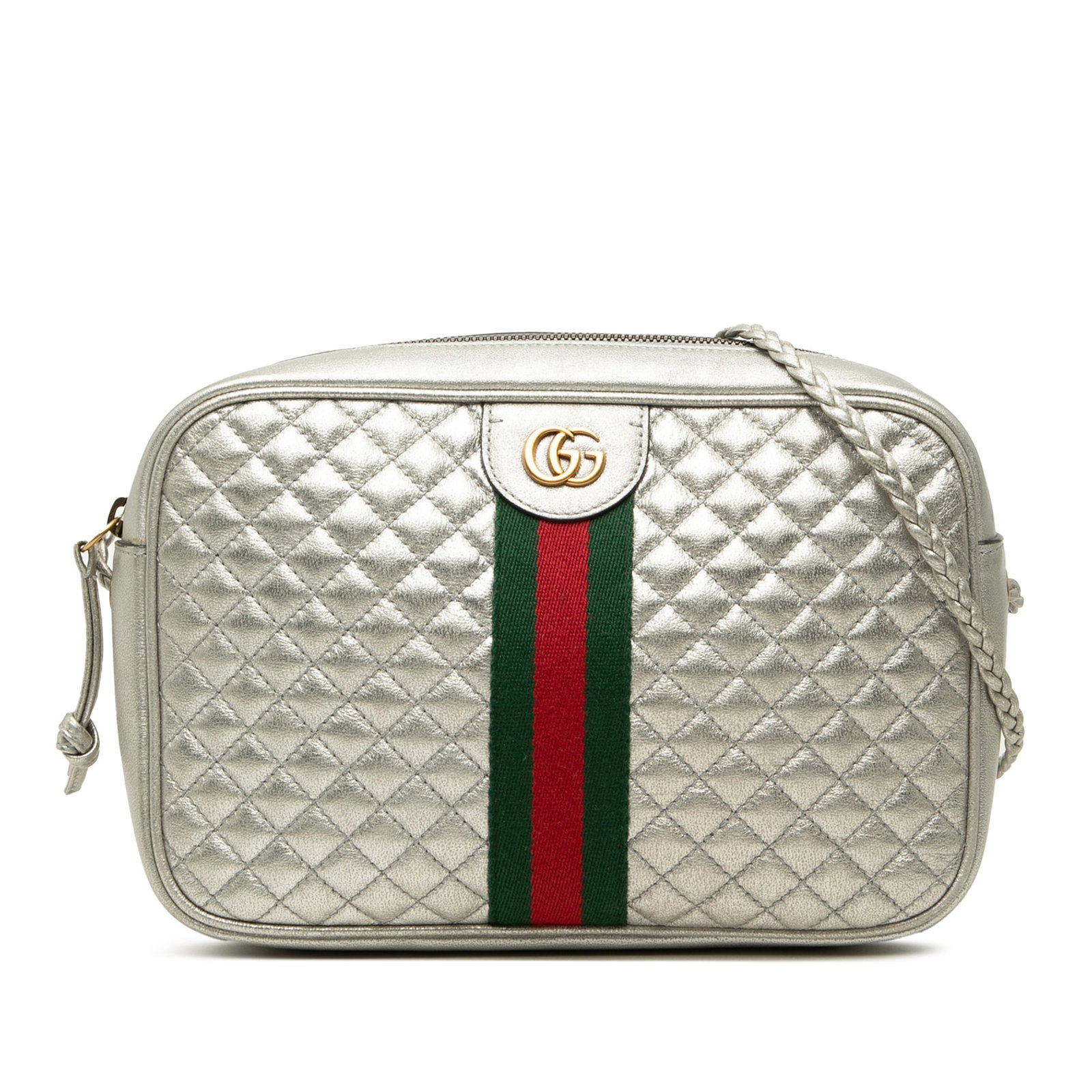 Gucci Trapuntata small silver quilted leather crossbody bag: Gucci Trapuntata small silver quilted leather crossbody bag Small Gucci Trapuntata crossbody bag in silver quilted metallic calfskin with a web detail. It features a braided shoulder strap, top zip cl