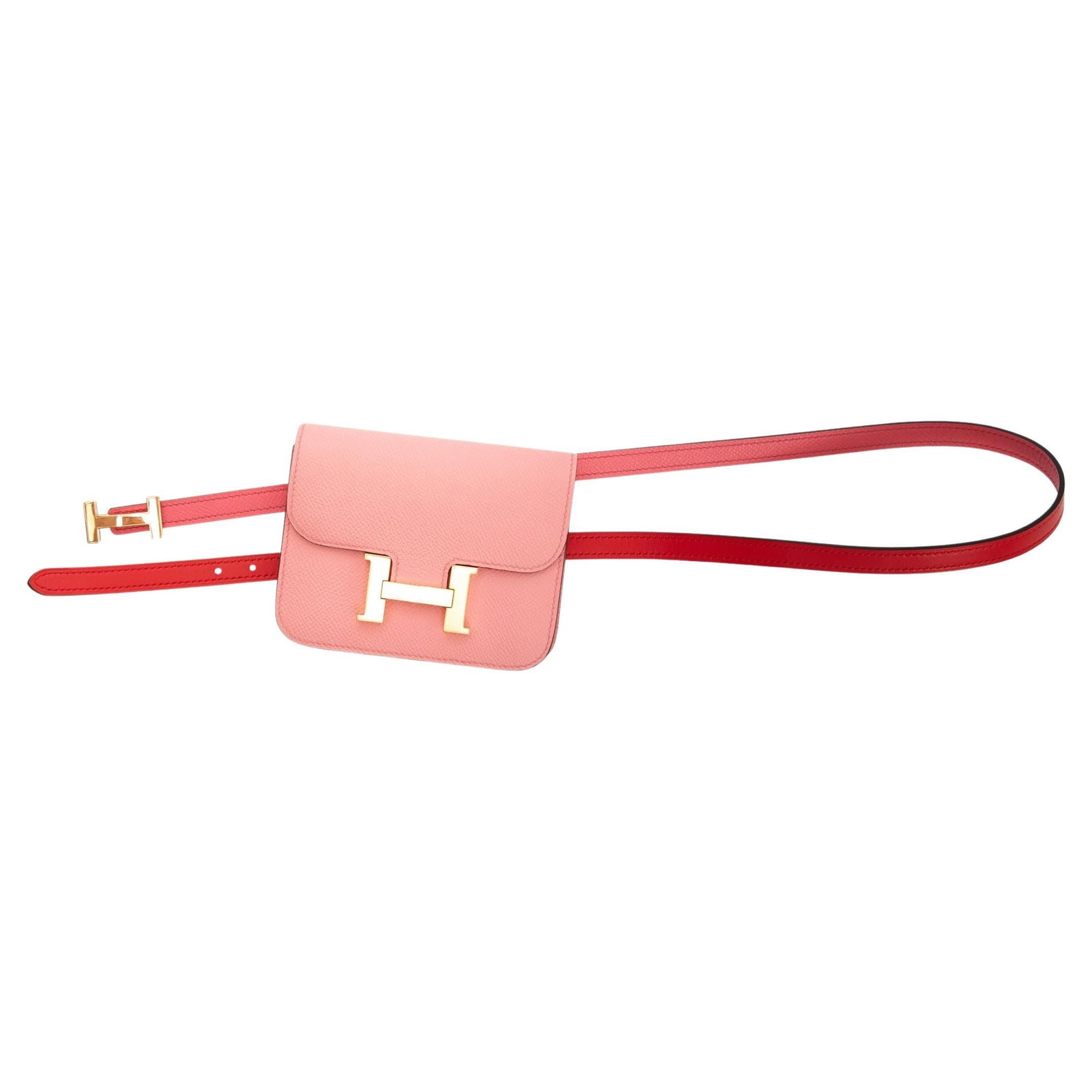 Hermes Constance Pink Pochette Belt with Gold H Logo: Hermes Constance Pink Pochette Belt with Gold H Logo This exquisite Hermes Constance Pink Pochette is a versatile accessory that can be worn as a clutch or a belt. Crafted from Epsom leather, it featu