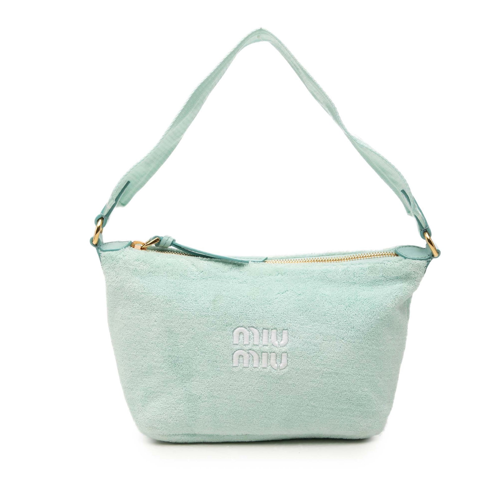 Miu Miu Terry Cloth Logo Bag Green Fabric Zip Top: Miu Miu Terry Cloth Logo Bag Green Fabric Zip Top Miu Miu terry cloth logo handbag in green with a flat canvas strap and top zip closure. Made in Italy. Condition AB with noted wear including staining