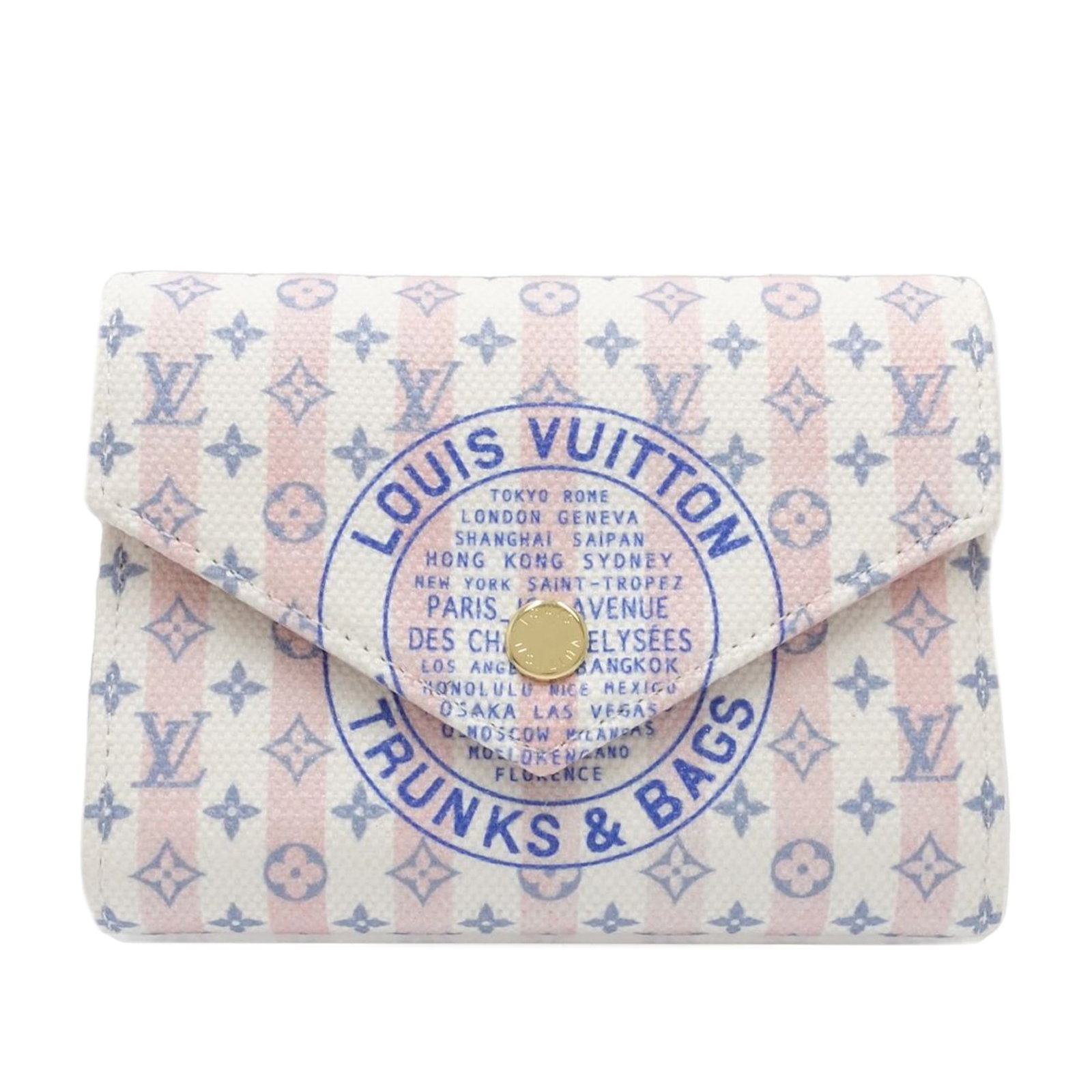 Louis Vuitton Victorine Wallet Monogram Trunks and Bags Blue: Louis Vuitton Victorine Wallet Monogram Trunks and Bags Blue Compact Louis Vuitton Victorine wallet in Monogram Trunks and Bags canvas with a top flap and snap button closure. The interior includes zi