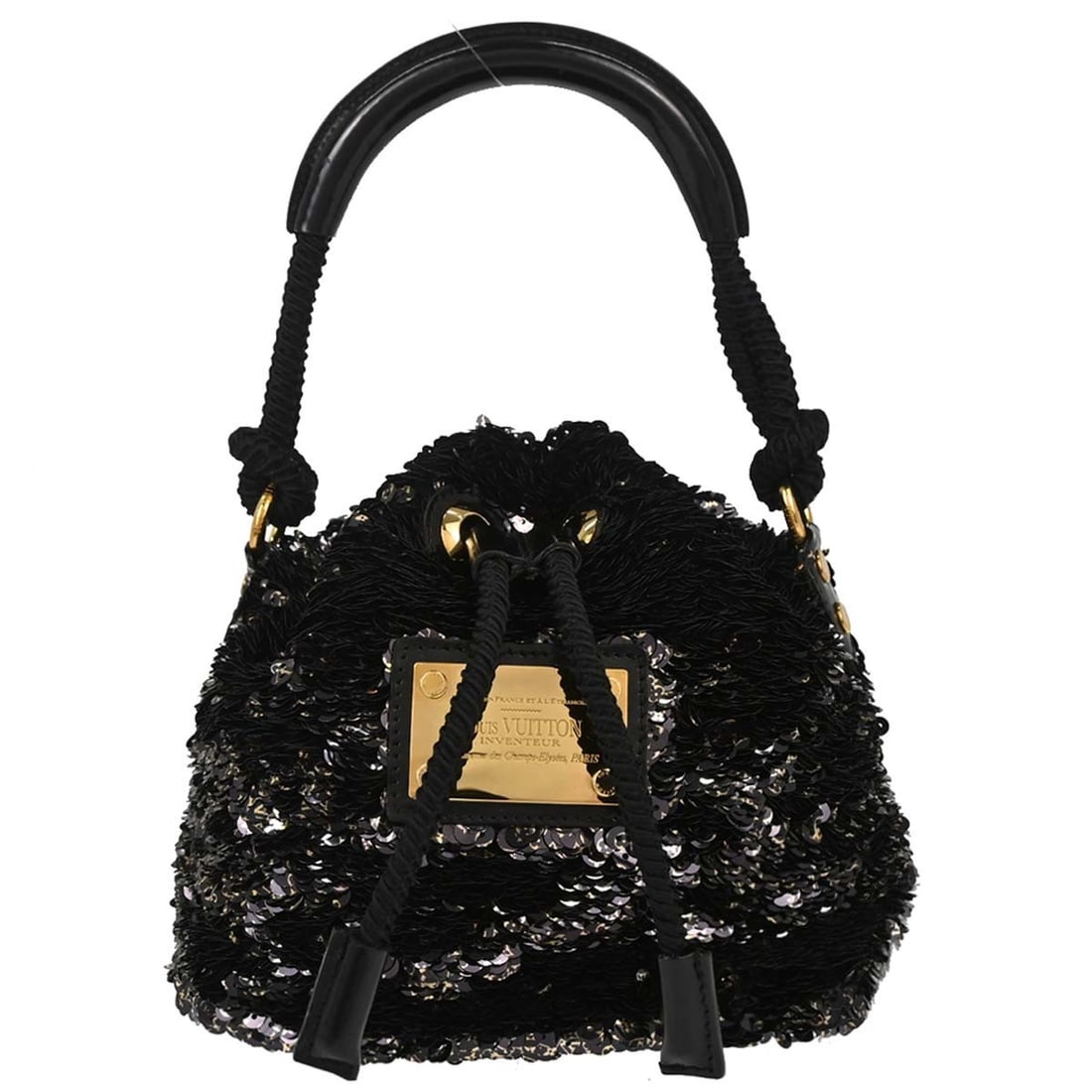 Louis Vuitton Mini Noe Rococo bucket bag black leather M40322: Louis Vuitton Mini Noe Rococo bucket bag black leather M40322 Louis Vuitton Mini Noe Rococo limited handbag in a compact bucket silhouette with drawstring closure. Crafted in leather with sequin detai