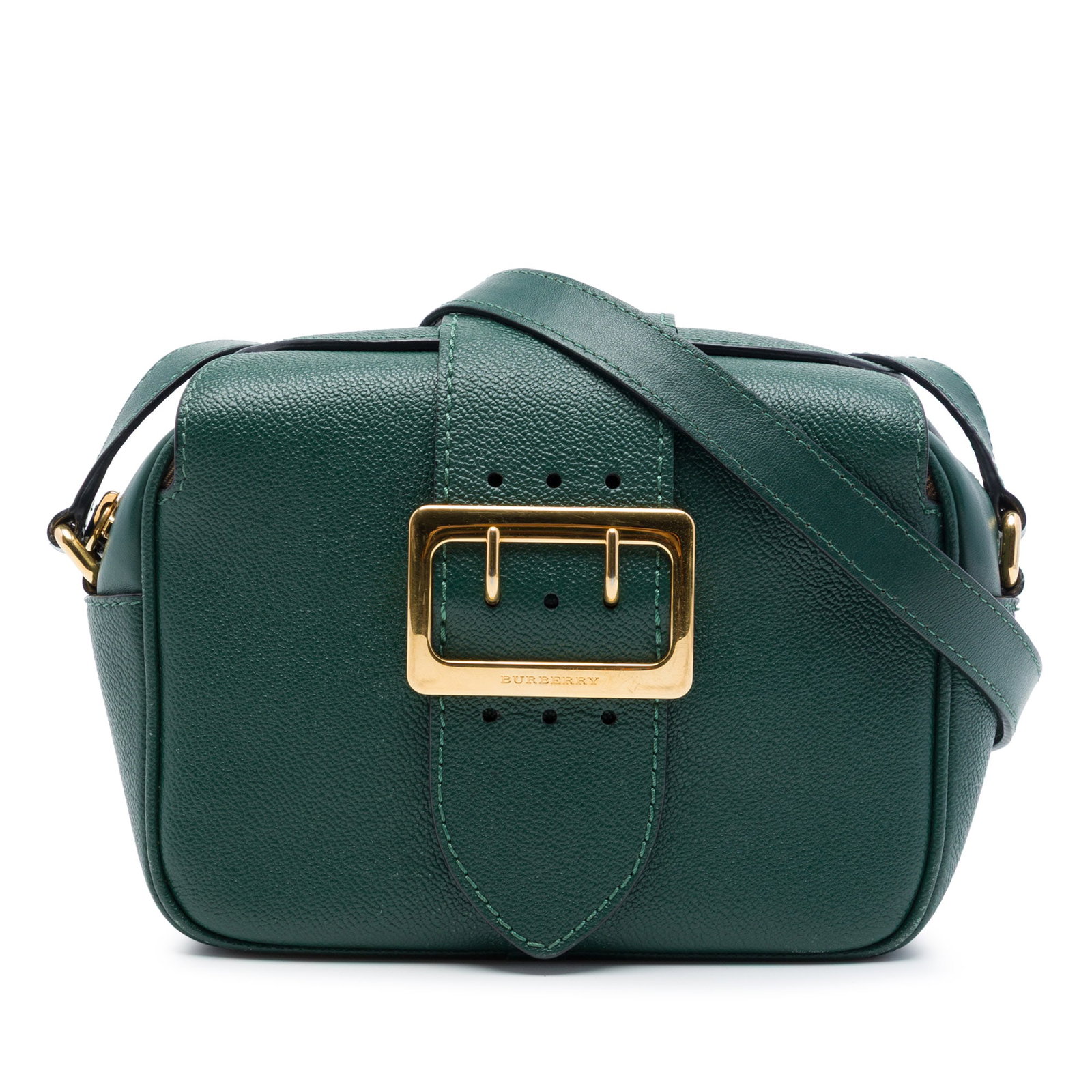 Burberry Buckle Crossbody Bag Small Grained Calfskin Leather Green: Burberry Buckle Crossbody Bag Small Grained Calfskin Leather Green A Burberry Small Soft Grained Calfskin Buckle Crossbody in green leather. This crossbody bag features a flat leather shoulder strap, 