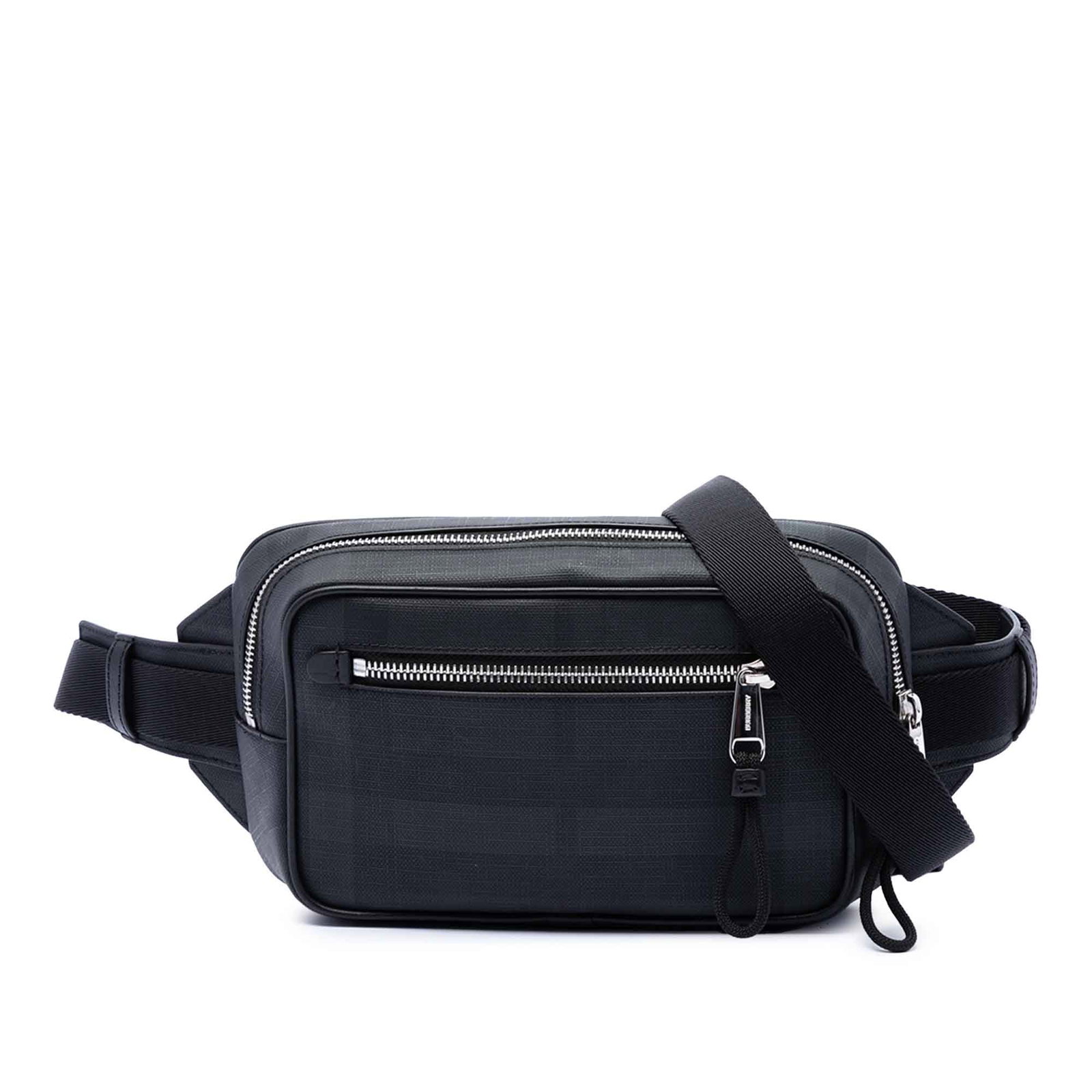 Burberry London Check belt bag in coated canvas: Burberry London Check belt bag in coated canvas Burberry London Check coated canvas belt bag with leather trim and an adjustable flat waist strap. The design includes a front zip pocket, top zip closu