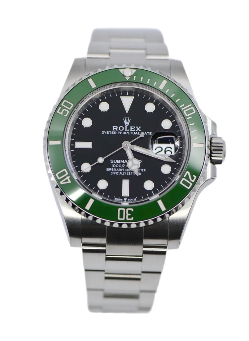 Rolex 126610LV Submariner wristwatch in stainless steel green bezel: Rolex 126610LV Submariner wristwatch in stainless steel green bezel Rolex Submariner Starbucks reference 126610LV in stainless steel with a black dial, green unidirectional rotating bezel, and automat