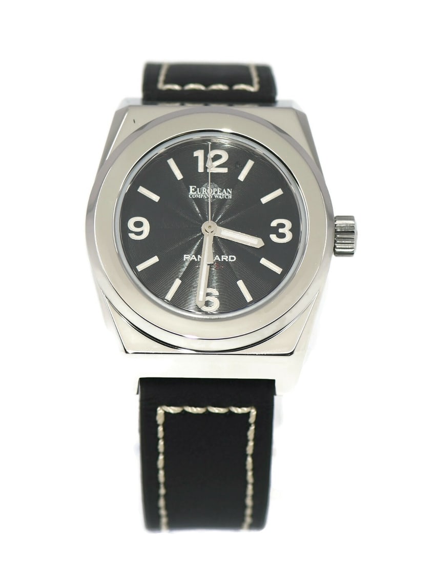European Company Watch Panhard PM3 men's stainless steel wristwatch 35mm: European Company Watch Panhard PM3 men's stainless steel wristwatch 35mm European Company Watch Panhard PM3 men's wristwatch with a stainless steel case and leather strap. This pre-owned Swiss-made wa