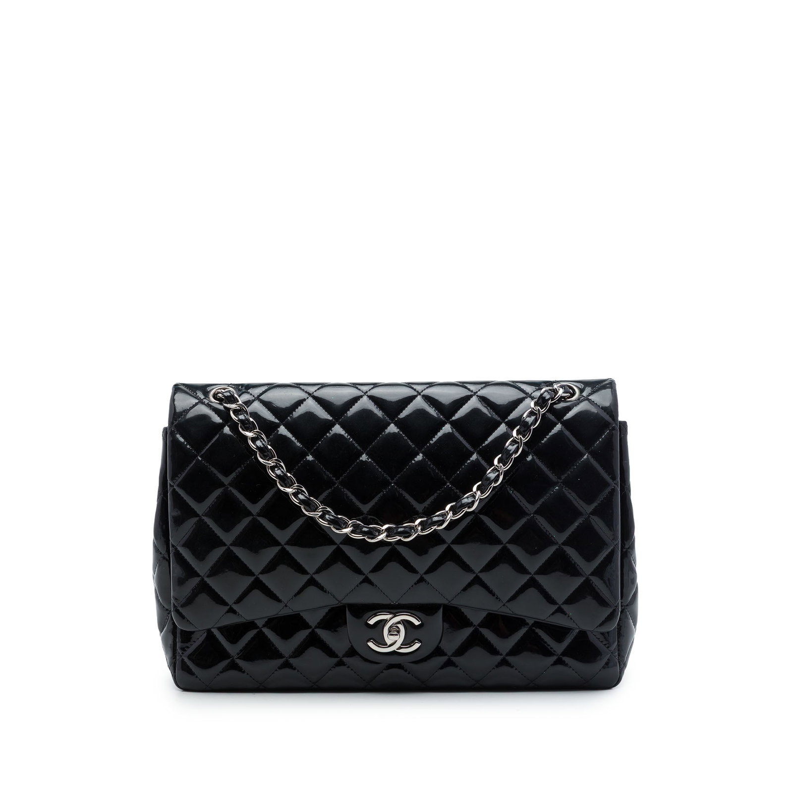 Chanel Maxi Classic Patent Double Flap Shoulder Bag Black: Chanel Maxi Classic Patent Double Flap Shoulder Bag Black Chanel Maxi Classic Patent Double Flap shoulder bag in black quilted patent leather. It features leather-woven chain straps, double front flap