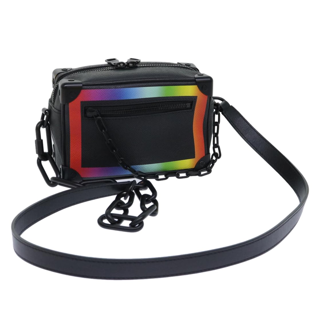 Louis Vuitton M30351 Mini Soft Trunk Taiga Rainbow Shoulder Bag: Louis Vuitton M30351 Mini Soft Trunk Taiga Rainbow Shoulder Bag Louis Vuitton Taiga Rainbow Mini Soft Trunk shoulder bag in black Taiga leather. Made in France, this women's bag features a compact str