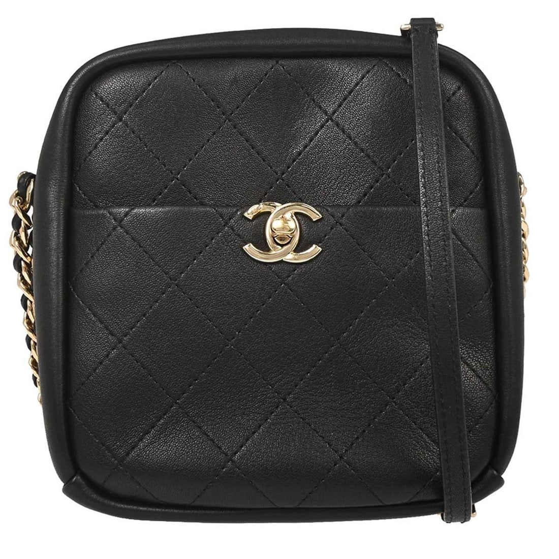 CHANEL Single Chain Shoulder Bag Black Goatskin Mini Crossbody: CHANEL Single Chain Shoulder Bag Black Goatskin Mini Crossbody Compact Chanel shoulder bag in black goatskin with a zip closure and single chain crossbody strap. This mini camera case style features o