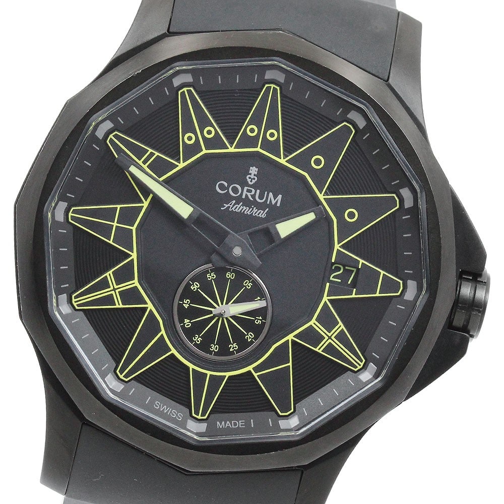 CORUM Admiral Legend 42 automatic mens wristwatch with date: CORUM Admiral Legend 42 automatic mens wristwatch with date CORUM Admiral Legend 42 automatic men's wristwatch with a black dial, stainless steel case, and rubber strap. This watch features a date dis