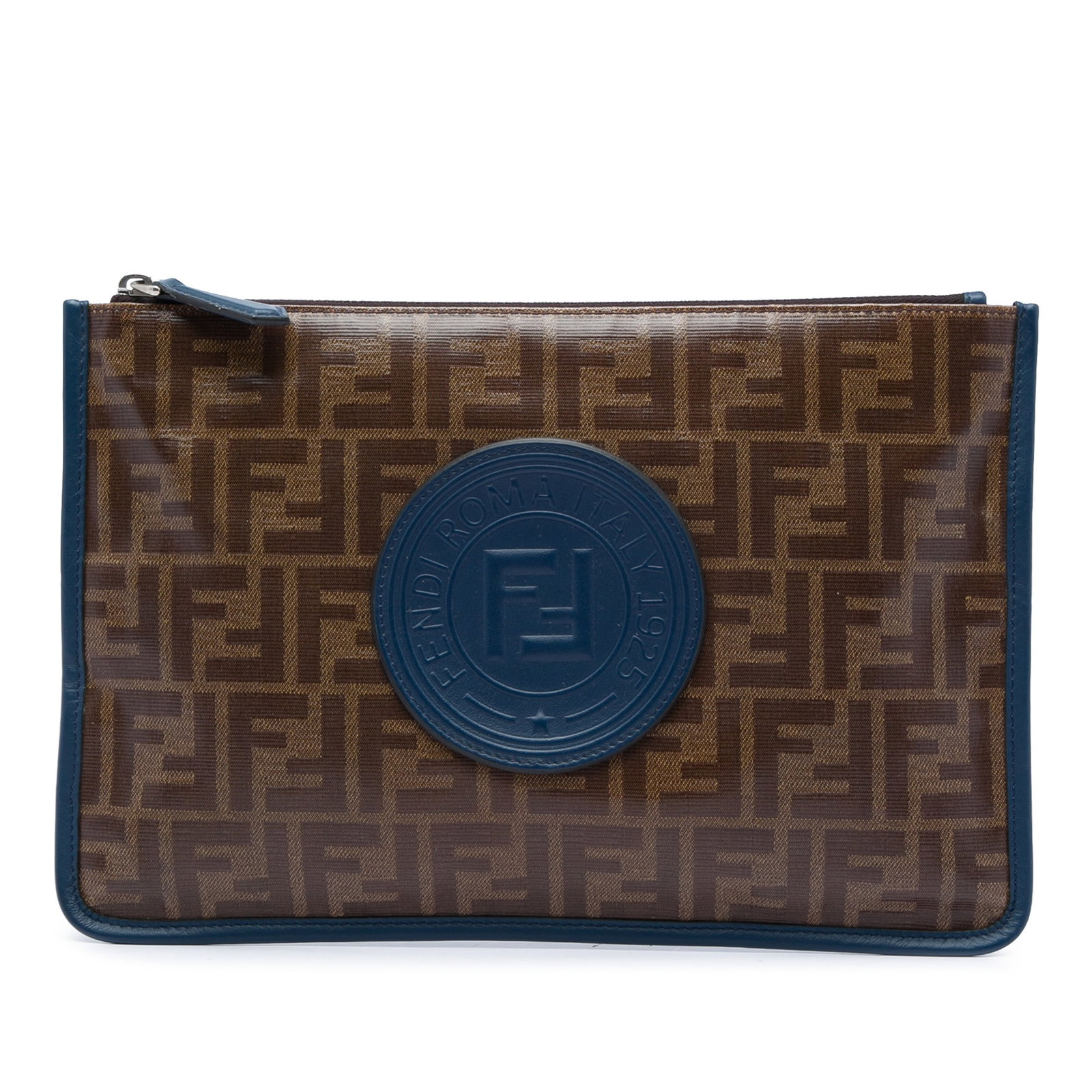Fendi Zucca Brown Coated Canvas Zip Clutch Bag: Fendi Zucca Brown Coated Canvas Zip Clutch Bag Fendi Zucca coated canvas clutch with leather trim and a top zip closure. Made in Italy, this brown clutch offers a streamlined silhouette with the signa