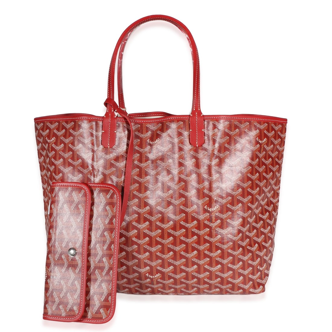 Goyard Saint Louis PM red coated canvas tote with pochette: Goyard Saint Louis PM red coated canvas tote with pochette Pre-owned Goyard Saint Louis PM shoulder tote in red Goyardine coated canvas with an open top design. This unisex bag features a beige canvas