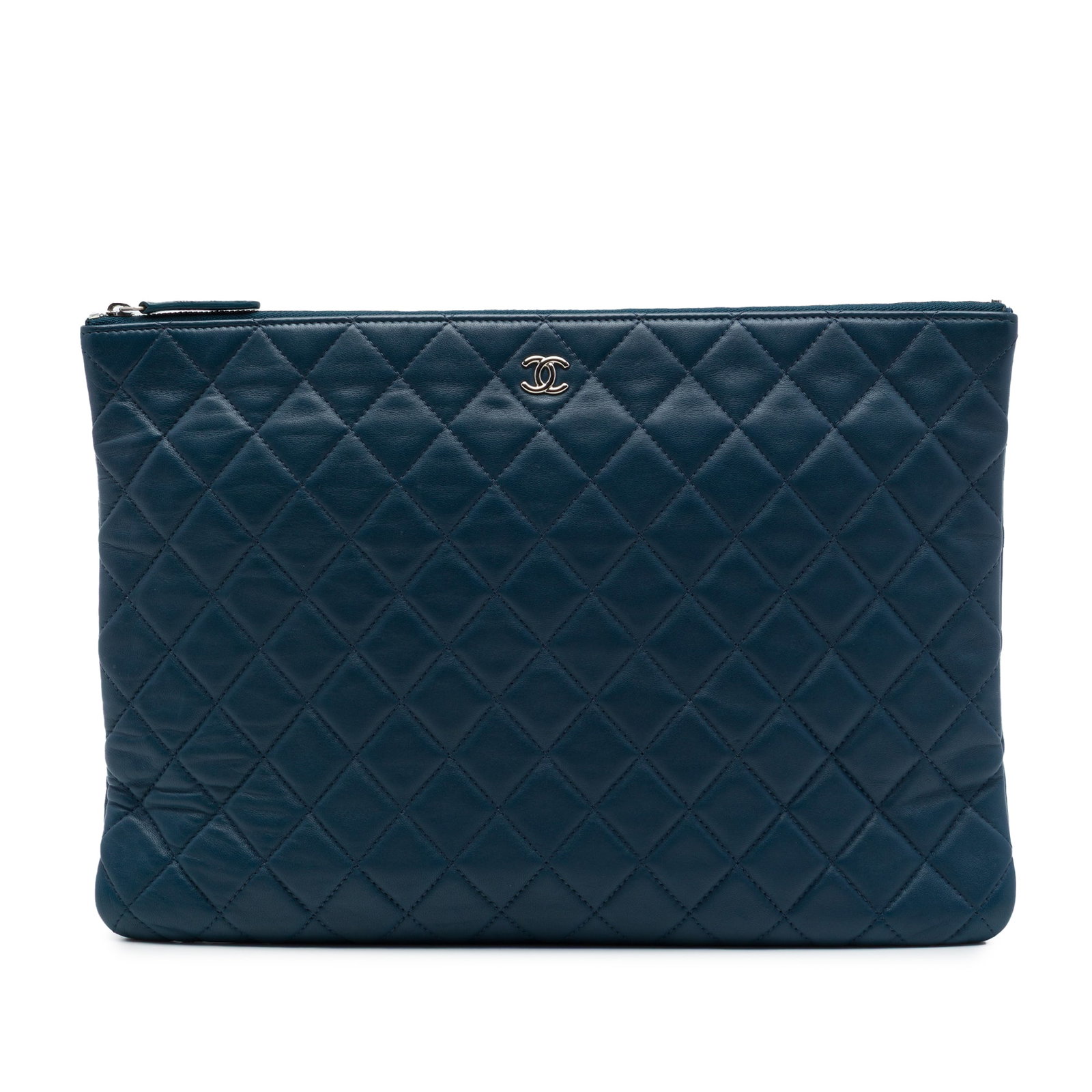 Chanel O Case Large Blue Quilted Lambskin Clutch: Chanel O Case Large Blue Quilted Lambskin Clutch A Chanel O Case clutch crafted in quilted blue lambskin leather. This zip-top clutch includes an exterior back slip pocket and an interior zip pocket. 