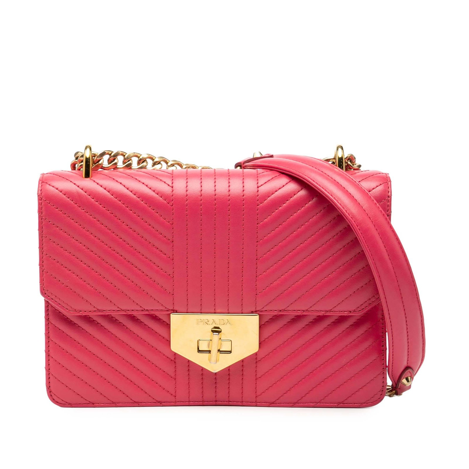 Prada Chevron Quilted Leather Crossbody Bag with Gold Chain Strap: Prada Chevron Quilted Leather Crossbody Bag with Gold Chain Strap This Prada crossbody bag features a pink quilted leather body with a chevron pattern, complemented by a gold-tone curb chain link stra