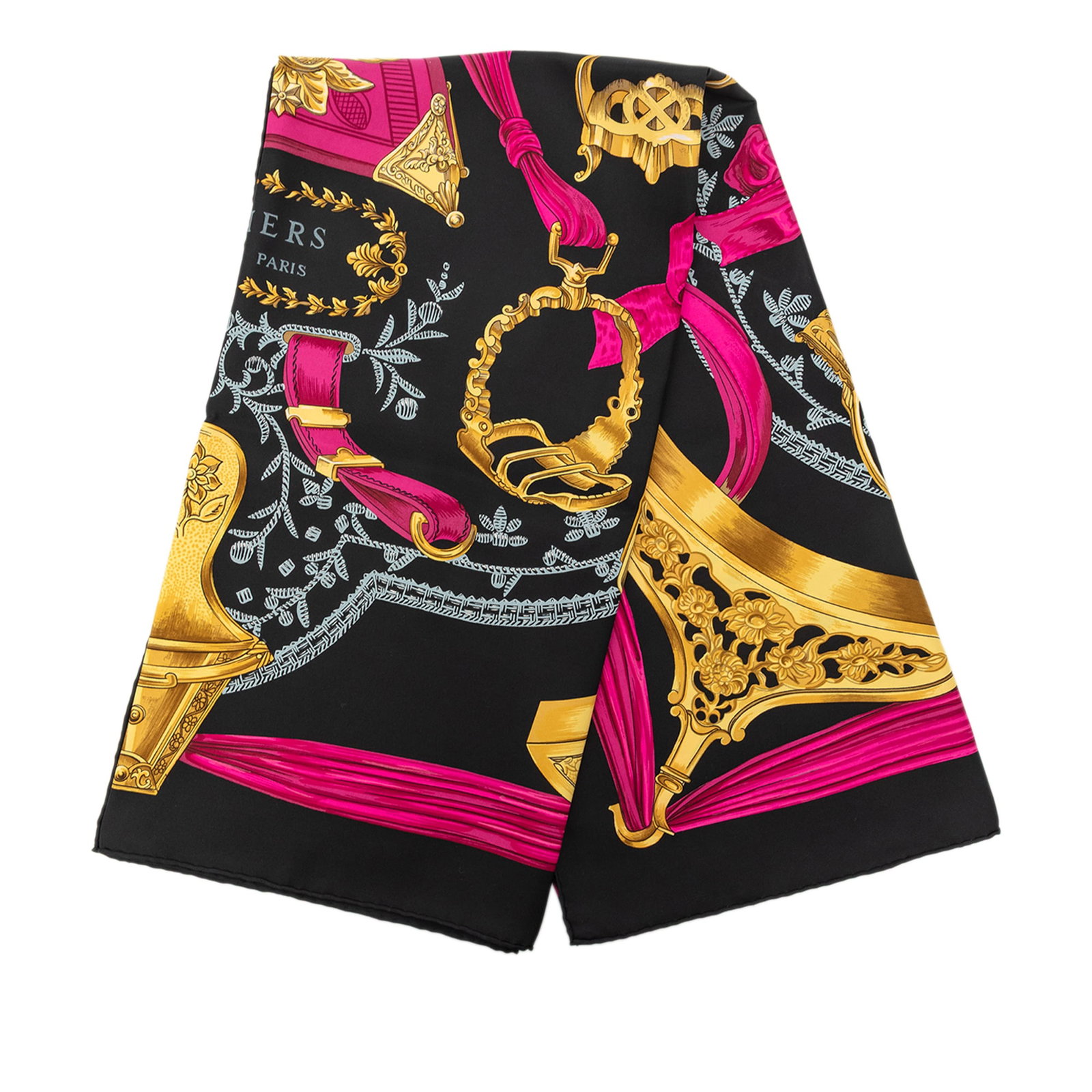 Hermes Etriers 90 silk scarf in black: Hermes Etriers 90 silk scarf in black Hermes Etriers Silk Scarf 90 in black, crafted from 100% silk and made in France. This accessory features the Etriers print and shows loose stitching on the exter