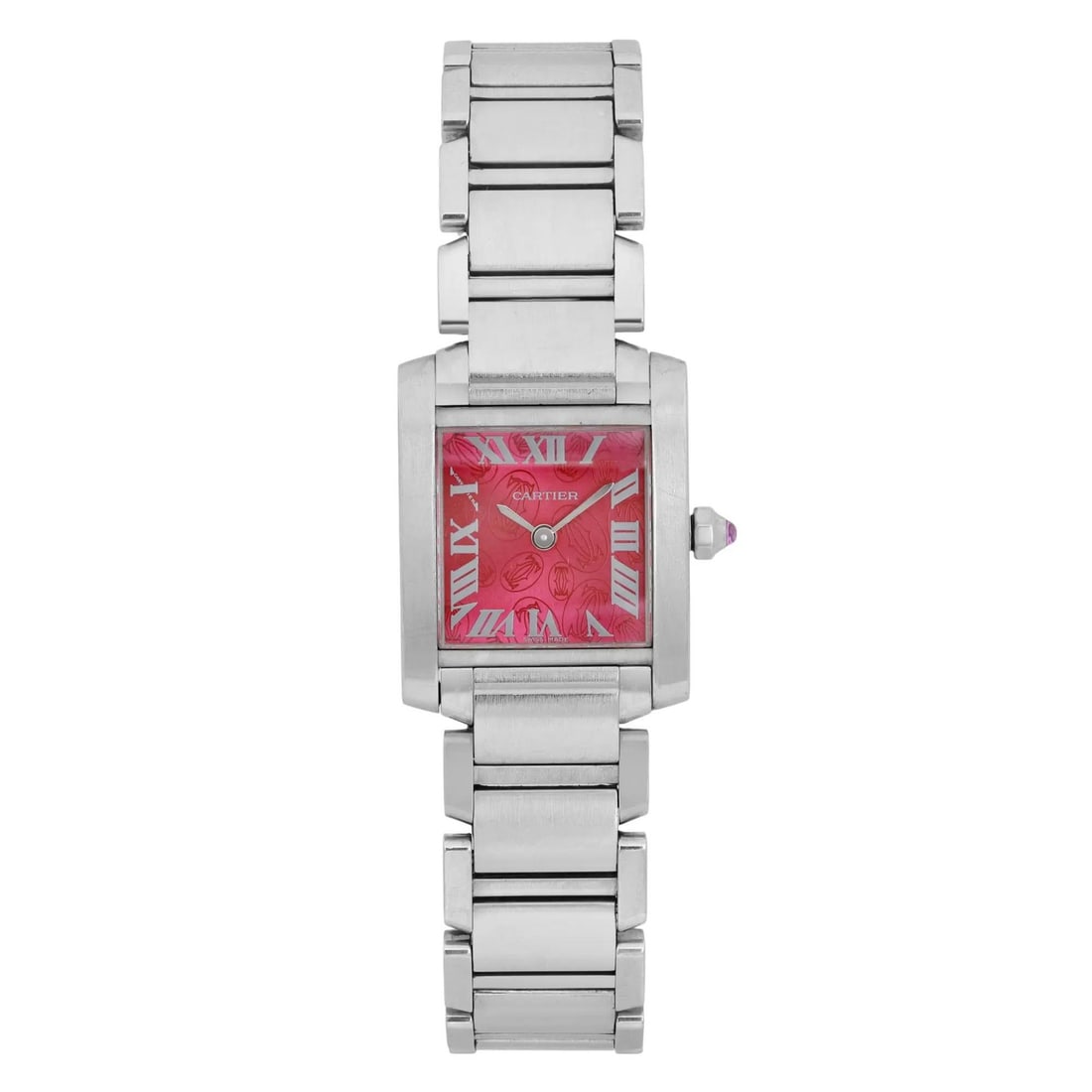 Cartier Tank Francaise Ladies Quartz Watch Steel Raspberry Dial W51030Q3: Cartier Tank Francaise Ladies Quartz Watch Steel Raspberry Dial W51030Q3 Pre-owned Cartier Tank Francaise ladies quartz watch with a rare raspberry dial. This watch shows light signs of wear and remai