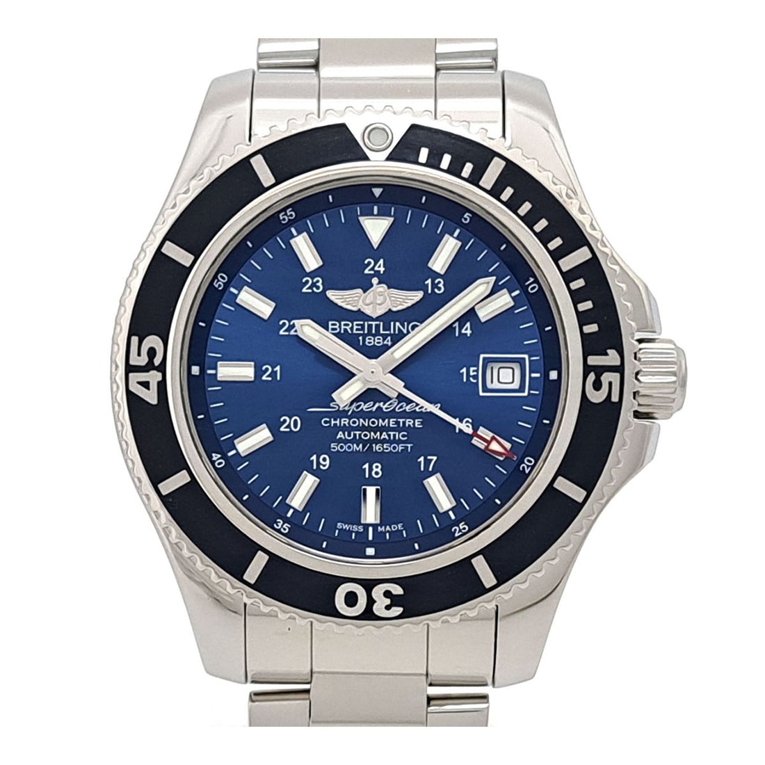 Breitling A17365 Superocean II mens automatic blue dial watch: Breitling A17365 Superocean II mens automatic blue dial watch Breitling Superocean II men's automatic wristwatch with a blue dial and stainless steel case and bracelet. This overhauled example was fin
