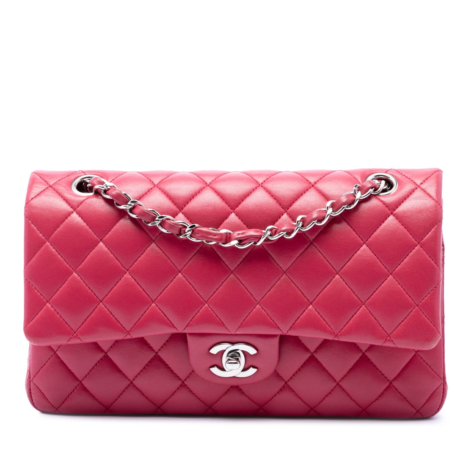 Chanel Medium Classic Double Flap Pink Lambskin Shoulder Bag: Chanel Medium Classic Double Flap Pink Lambskin Shoulder Bag A Chanel Medium Classic Lambskin Double Flap shoulder bag in pink quilted lambskin leather. This bag features leather-woven chain link stra