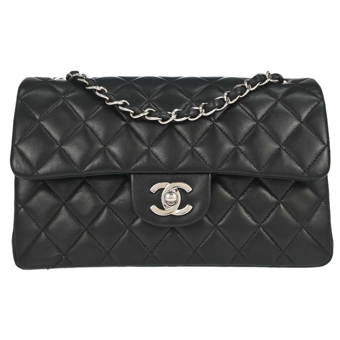 CHANEL Classic Double Flap Small Black Lambskin Shoulder Bag: CHANEL Classic Double Flap Small Black Lambskin Shoulder Bag Chanel Small Classic Double Flap shoulder bag in black lambskin with matelasse quilting, a flap turnlock closure, and chain shoulder strap.