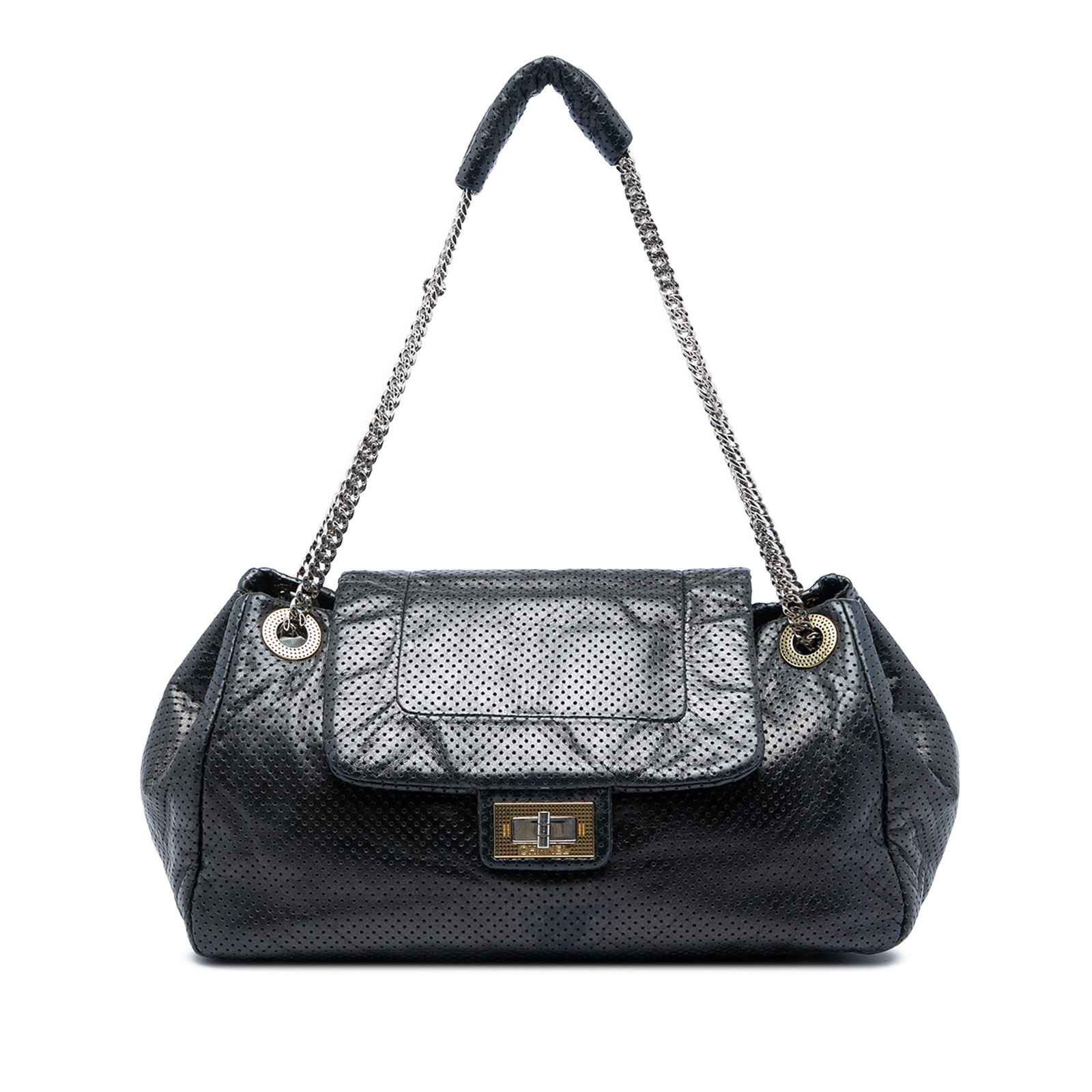 Chanel Reissue 2.55 Drill Accordion Flap Perforated Calfskin Shoulder Bag: Chanel Reissue 2.55 Drill Accordion Flap Perforated Calfskin Shoulder Bag A Chanel Reissue 2.55 Drill Accordion Flap shoulder bag crafted in perforated calfskin leather. This black bag features chain 