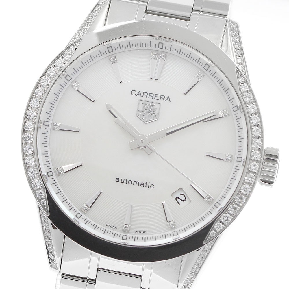 TAG Heuer Carrera WV2212.BA0798 mens automatic watch diamond bezel: TAG Heuer Carrera WV2212.BA0798 mens automatic watch diamond bezel TAG Heuer Carrera Calibre 5 men's wristwatch with a stainless steel case and bracelet, automatic movement, white mother-of-pearl dial