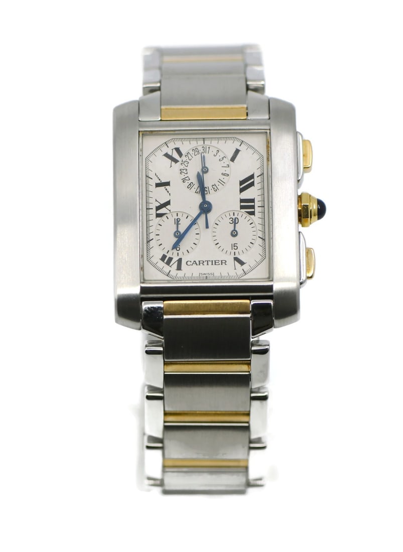 Cartier Tank W51004Q4 Chronograph Wristwatch in 18K and Stainless Steel: Cartier Tank W51004Q4 Chronograph Wristwatch in 18K and Stainless Steel Pre-owned Cartier Tank Chronograph wristwatch with a rectangular case and silver analog dial. This unisex watch features a quart