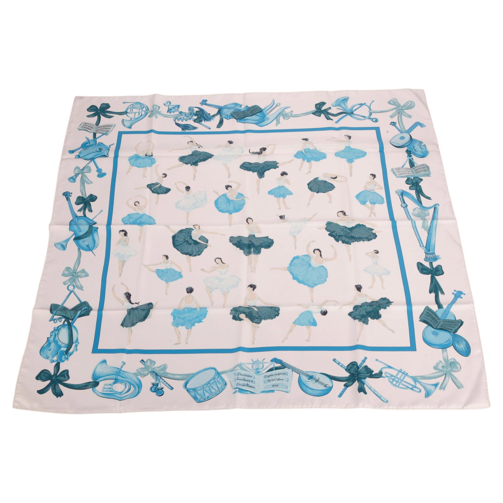 Hermes La Danse silk scarf in white with box booklet: Hermes La Danse silk scarf in white with box booklet Rare Hermes "La Danse" silk scarf featuring a ballerina motif, designed by Jean Louis Clerc in 1961. Made in France from 100% silk with hand-rolled