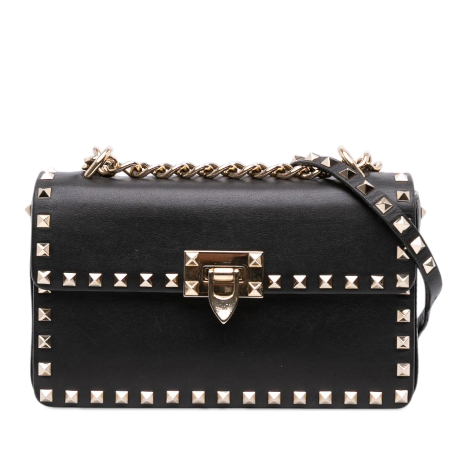 Valentino Rockstud Small Leather Crossbody Bag with Chain Strap: Valentino Rockstud Small Leather Crossbody Bag with Chain Strap Valentino small Rockstud crossbody bag in black leather with signature stud detailing. The design features a sliding chain with a studde