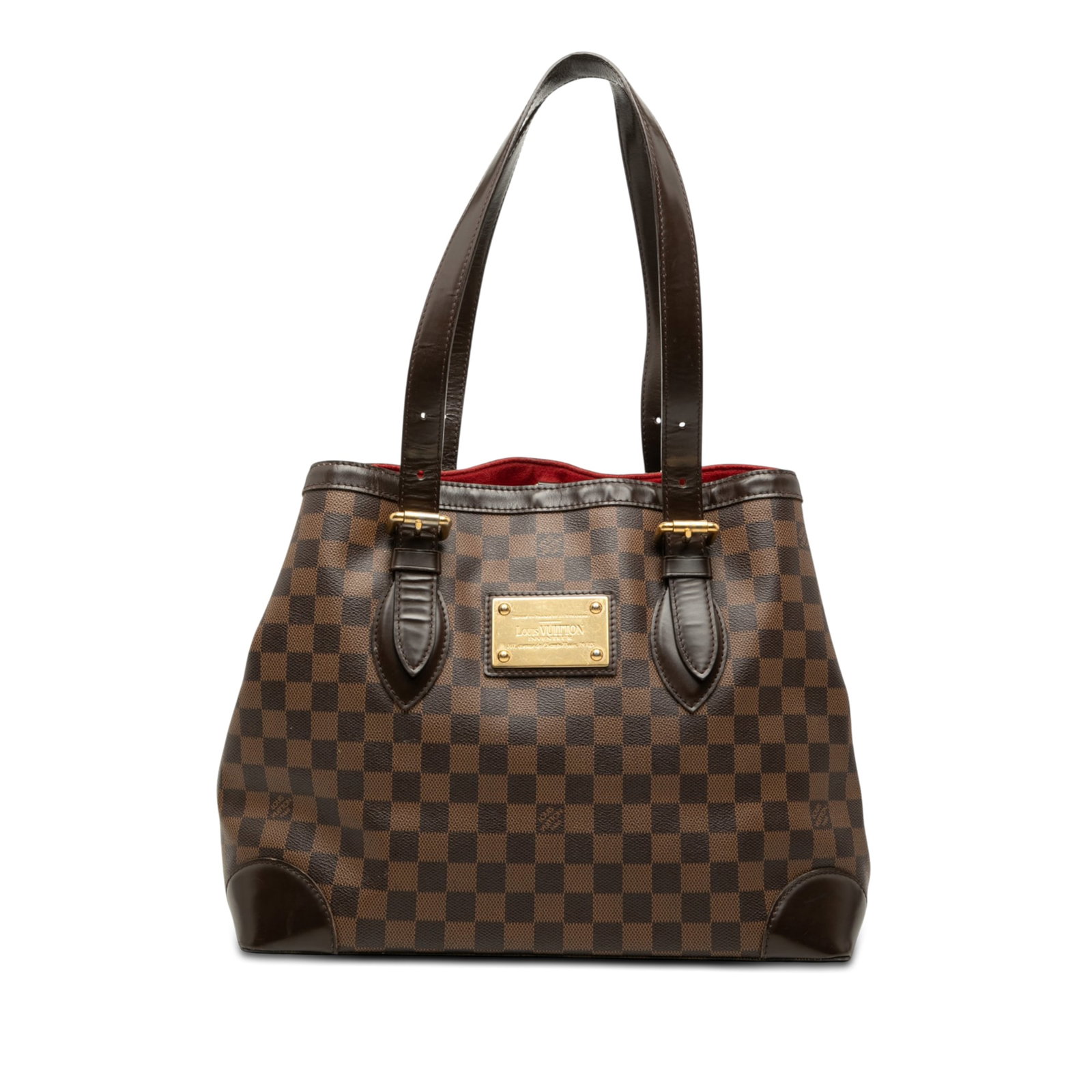 Louis Vuitton Hampstead MM Damier Ebene Shoulder Bag: Louis Vuitton Hampstead MM Damier Ebene Shoulder Bag Louis Vuitton Hampstead MM tote in Damier Ebene canvas with leather trim and flat leather handles. The bag features an open top with claw clasp clo