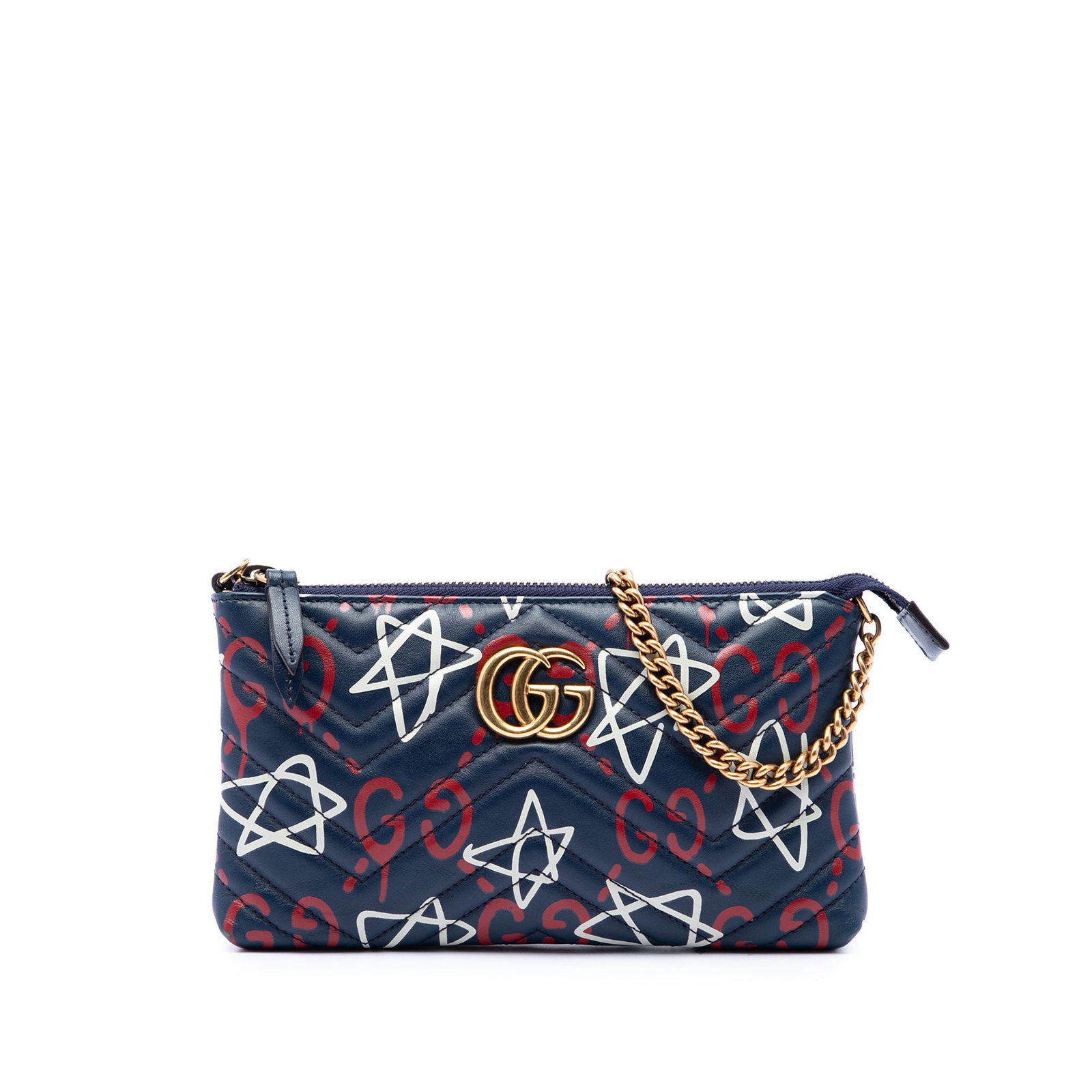 Gucci Gucci Ghost Mini GG Marmont leather wallet on chain: Gucci Gucci Ghost Mini GG Marmont leather wallet on chain A Gucci Mini GG Marmont Gucci Ghost wallet on chain crafted in blue quilted calfskin leather. This compact bag features a chain strap, top zip