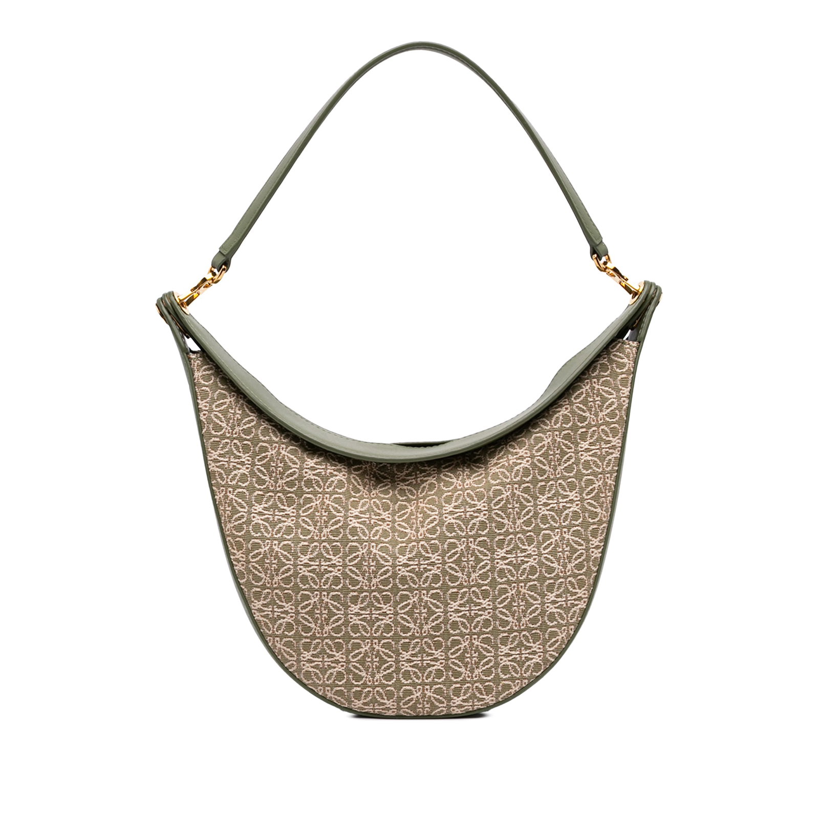 LOEWE Luna Hobo Bag in Green Anagram Canvas: LOEWE Luna Hobo Bag in Green Anagram Canvas A LOEWE Luna hobo bag crafted in canvas with leather trim. This shoulder bag features a detachable flat leather strap, an open top with snap closure, and an