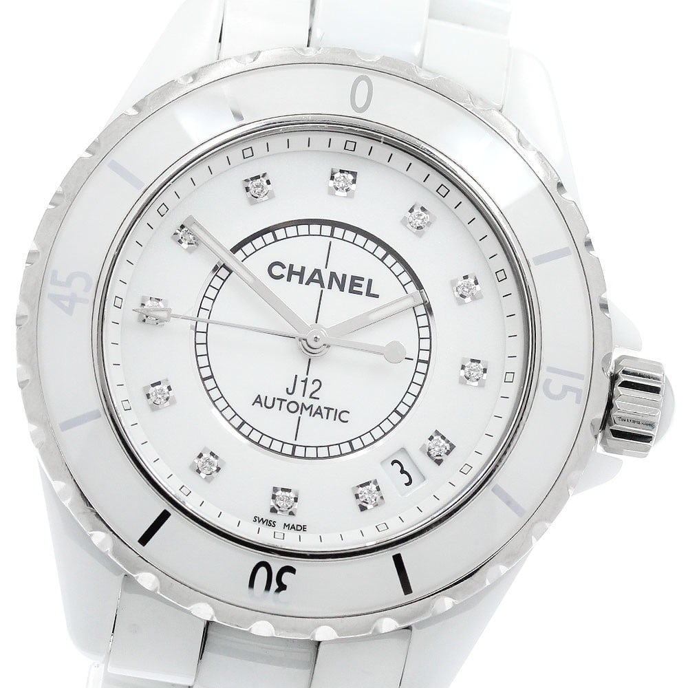 CHANEL J12 H1629 38mm mens automatic white ceramic diamond watch: CHANEL J12 H1629 38mm mens automatic white ceramic diamond watch CHANEL J12 men's wristwatch with a white dial, automatic movement, and date display. This H1629 model features a white ceramic and stai