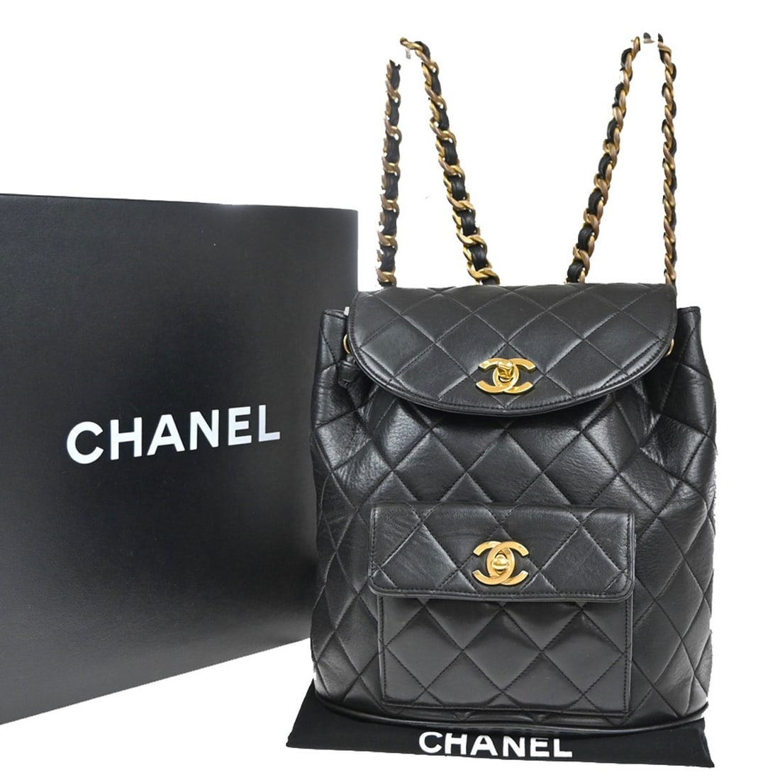 Chanel Duma Drawstring Backpack in Black Quilted Leather: Chanel Duma Drawstring Backpack in Black Quilted Leather This Chanel Duma Drawstring Backpack is crafted from black leather and designed for women. It features a quilted pattern and a drawstring closu