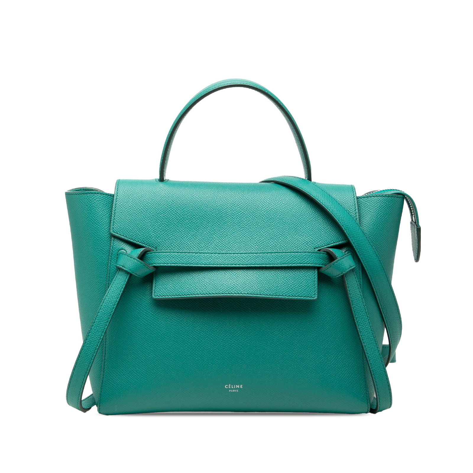 Celine Belt Bag Micro grained calfskin leather handbag green: Celine Belt Bag Micro grained calfskin leather handbag green Celine Micro Grained Calfskin Belt Bag in green leather with a structured silhouette and practical storage. It features a flat top handle, 