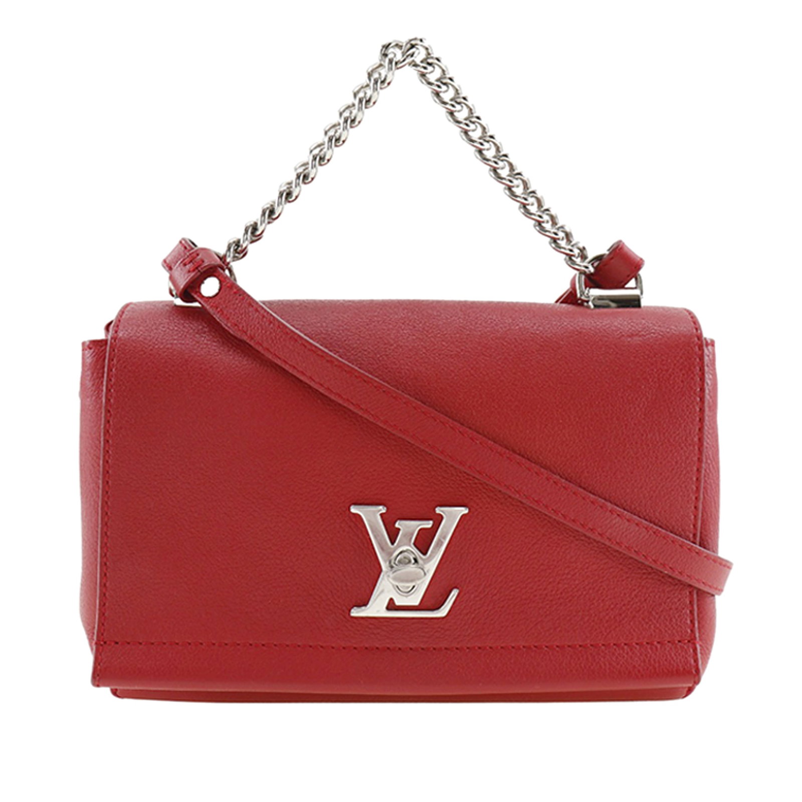 Louis Vuitton Lockme II BB Red Leather Shoulder Bag with Chain Handle: Louis Vuitton Lockme II BB Red Leather Shoulder Bag with Chain Handle The Louis Vuitton LockMe II BB is a red leather handbag featuring a chain link handle, flat leather strap, front flap with twist l