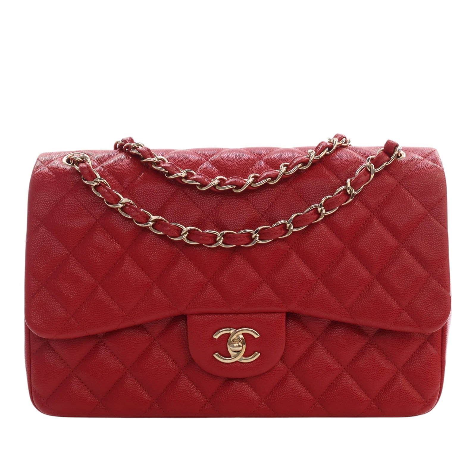 Chanel Jumbo Classic Double Flap Shoulder Bag Red Caviar Leather: Chanel Jumbo Classic Double Flap Shoulder Bag Red Caviar Leather A Chanel Jumbo Classic Caviar Double Flap shoulder bag in red quilted caviar leather. It features leather-woven chain link straps, a do