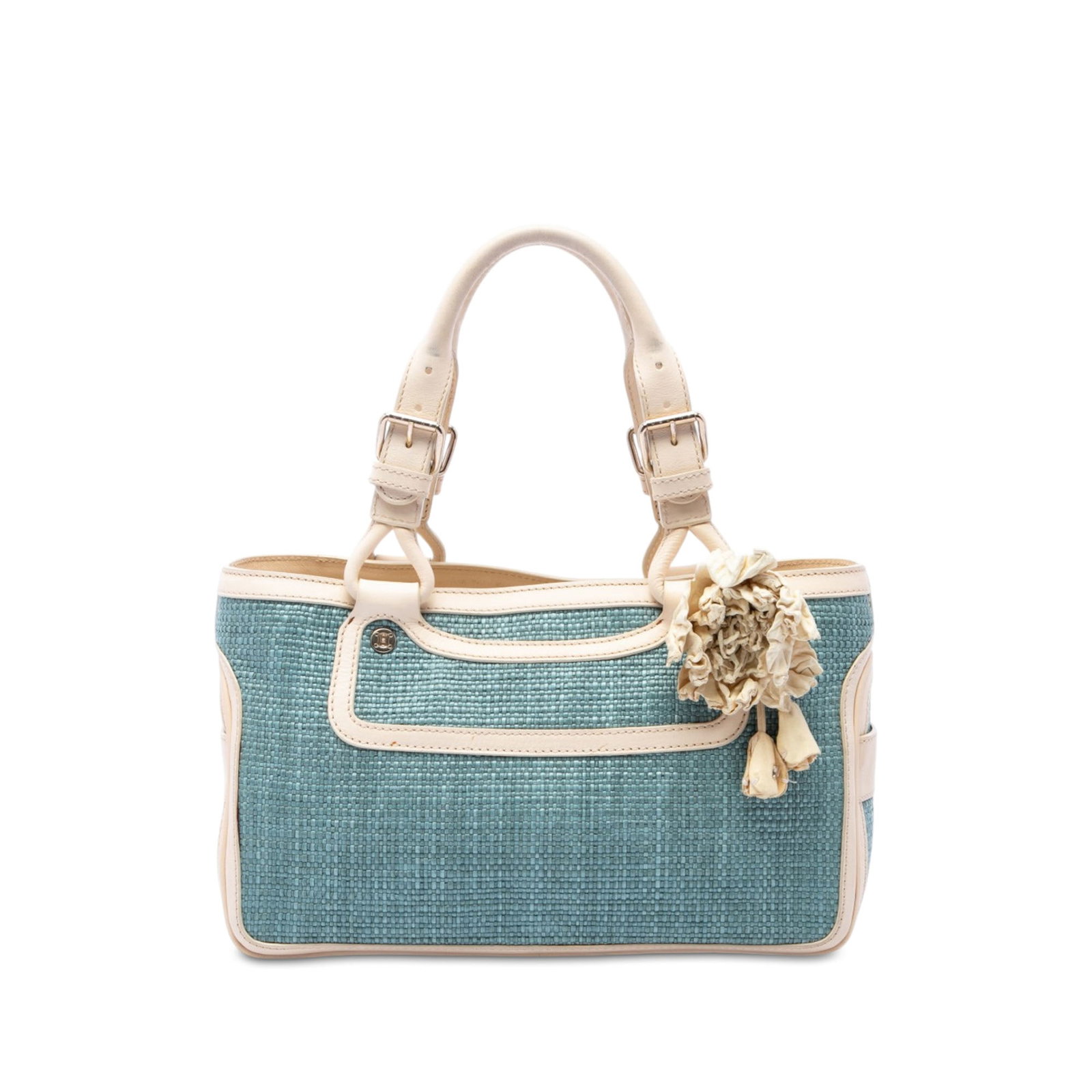 Celine Boogie Blue Raffia Handbag with Leather Trim: Celine Boogie Blue Raffia Handbag with Leather Trim Celine Boogie handbag crafted with a raffia body and leather trim. It features rolled leather handles, an open top, an interior zip compartment, ext
