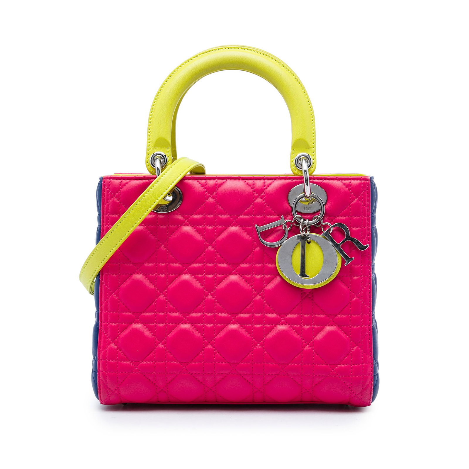 Dior Lady Dior Medium Cannage Tricolor Lambskin Bag: Dior Lady Dior Medium Cannage Tricolor Lambskin Bag A medium Lady Dior bag crafted in tricolor quilted lambskin leather with the signature Cannage pattern. It features flat top handles, a detachable l