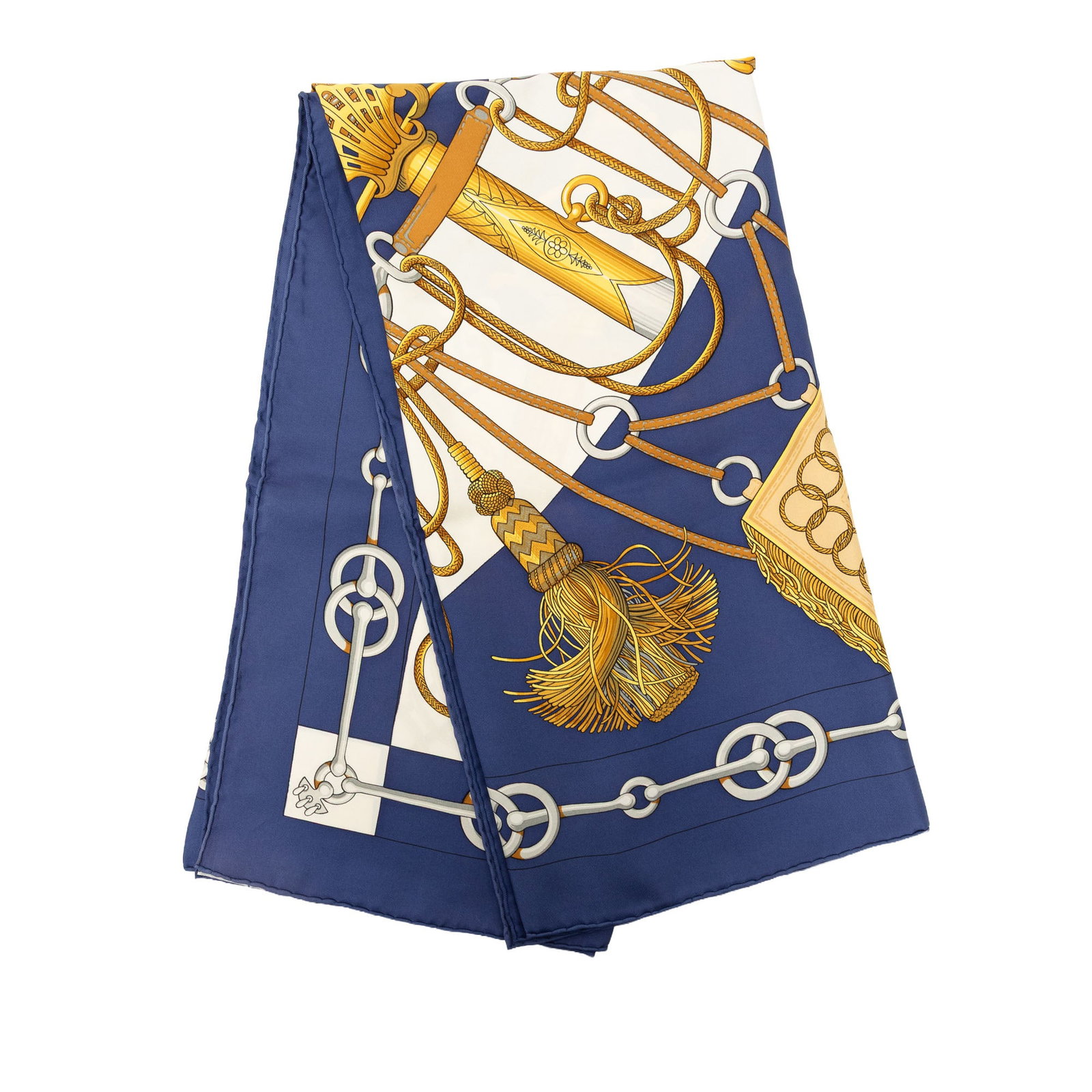 Hermes Cliquetis 90 Silk Scarf Blue France: Hermes Cliquetis 90 Silk Scarf Blue France Hermes Cliquetis Silk Scarf 90 in blue silk, made in France. This accessory features the Cliquetis print and shows loose stitching on the exterior back, alon