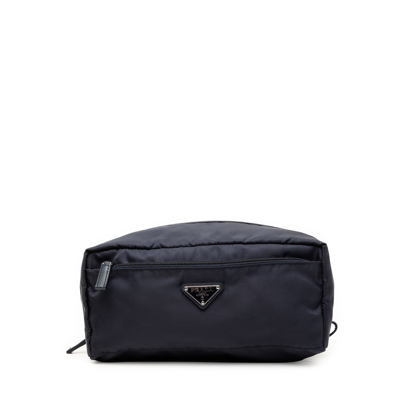 Prada Tessuto Nylon Zip Pouch Blue: Prada Tessuto Nylon Zip Pouch Blue Prada Tessuto Pouch in blue fabric with a nylon body, top zip closure, and exterior zip pockets at the front and back. Includes dust bag and card. Condition AB with 
