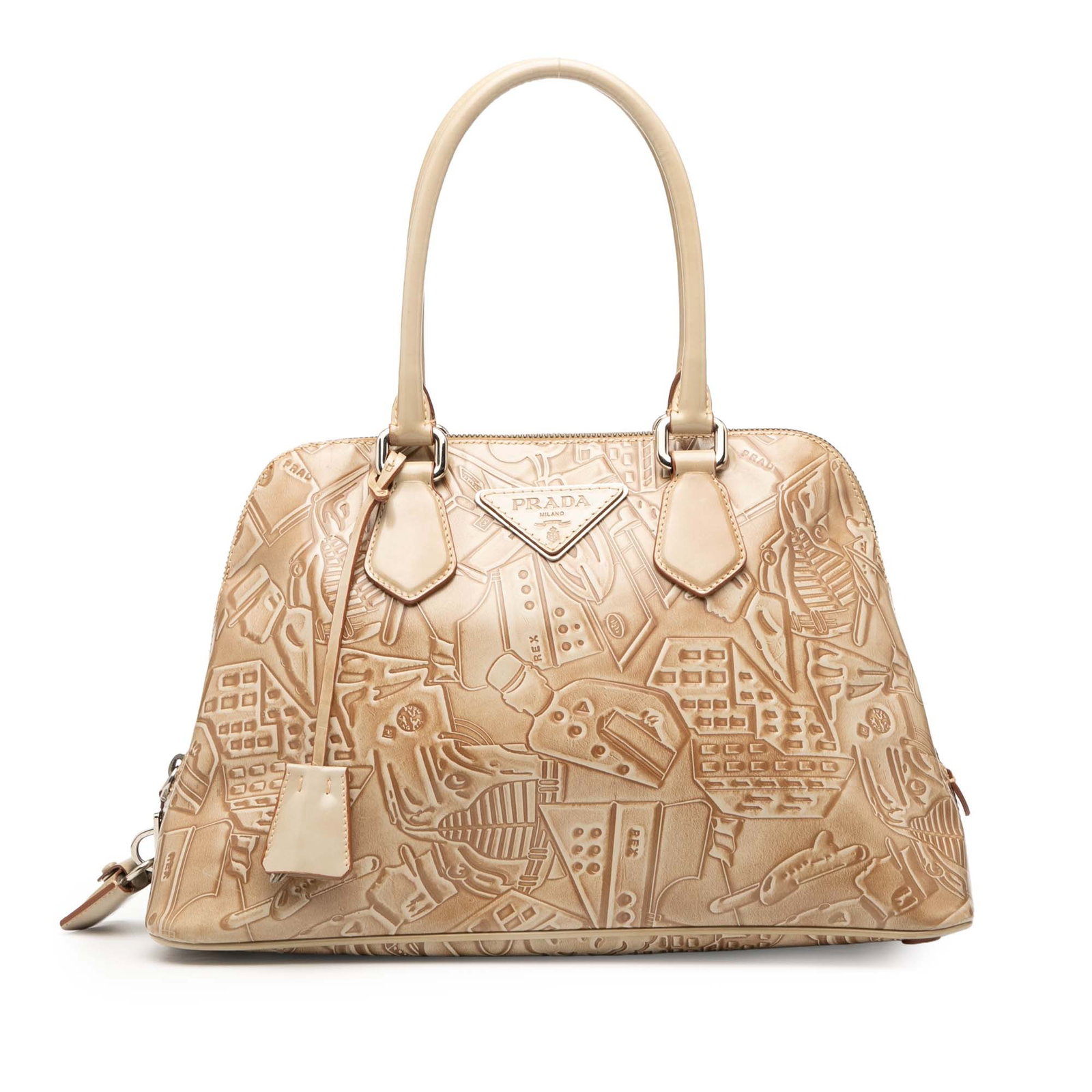 Prada Brown Embossed Leather Handbag Made in Italy: Prada Brown Embossed Leather Handbag Made in Italy This Prada Embossed Leather Handbag is a sophisticated accessory crafted from high-quality leather, featuring a stylish embossed design. It is equipp